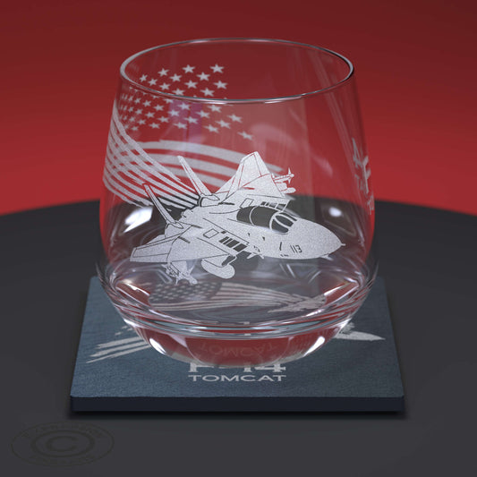 F-14 Tomcat with Flag Of The United States Of America Engraved Whiskey Glass Tumbler & Slate Coaster