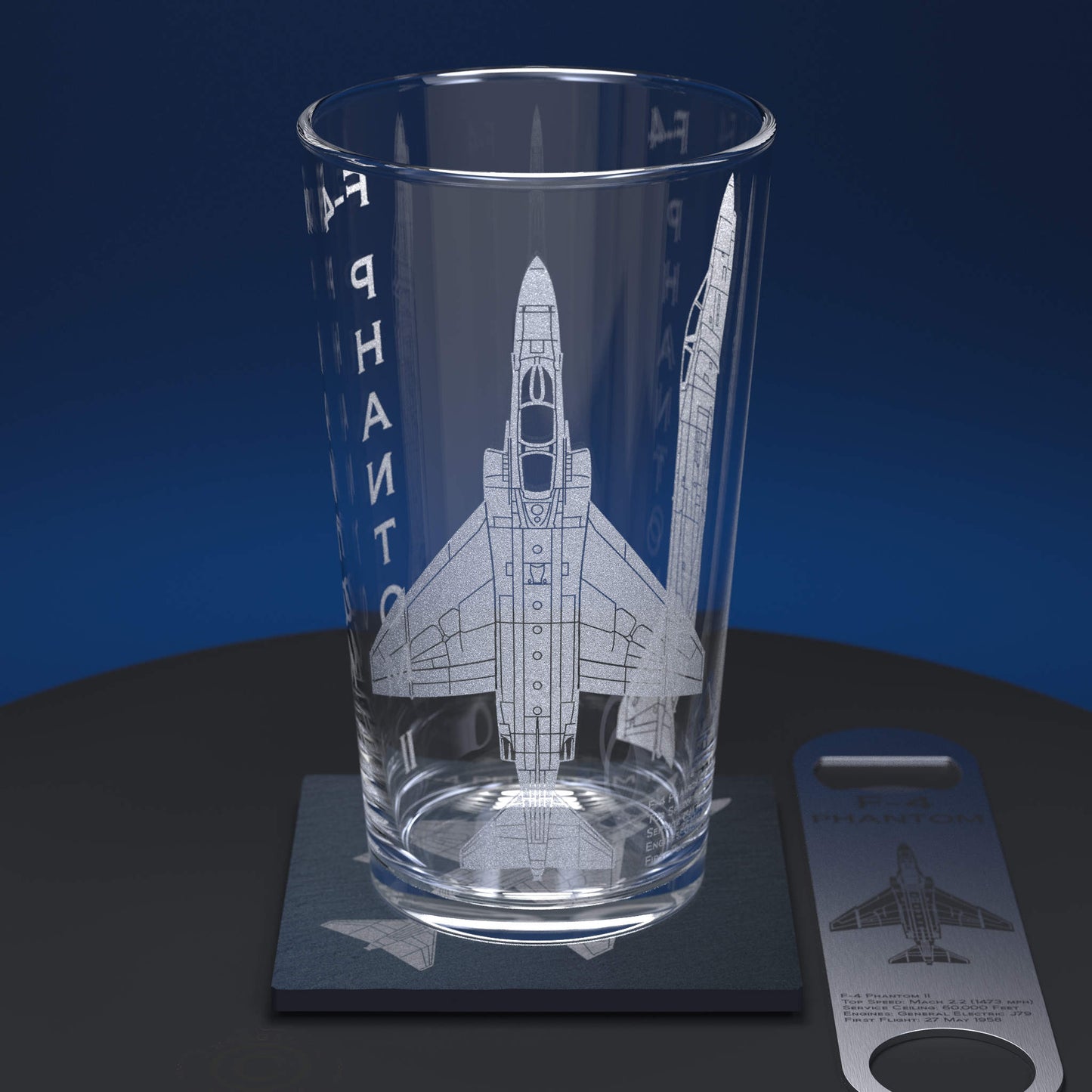 Pint Glass Set Including Slate Coaster and Stainless Steel Bottle Opener Engraved With An F-4 Phantom Jet