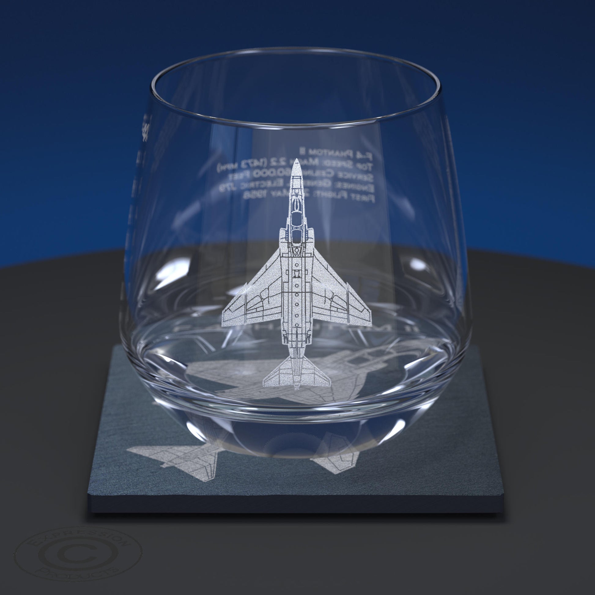 Glass Tumbler Engraved With F-4 Phantom Jet With A Matching Slate Coaster