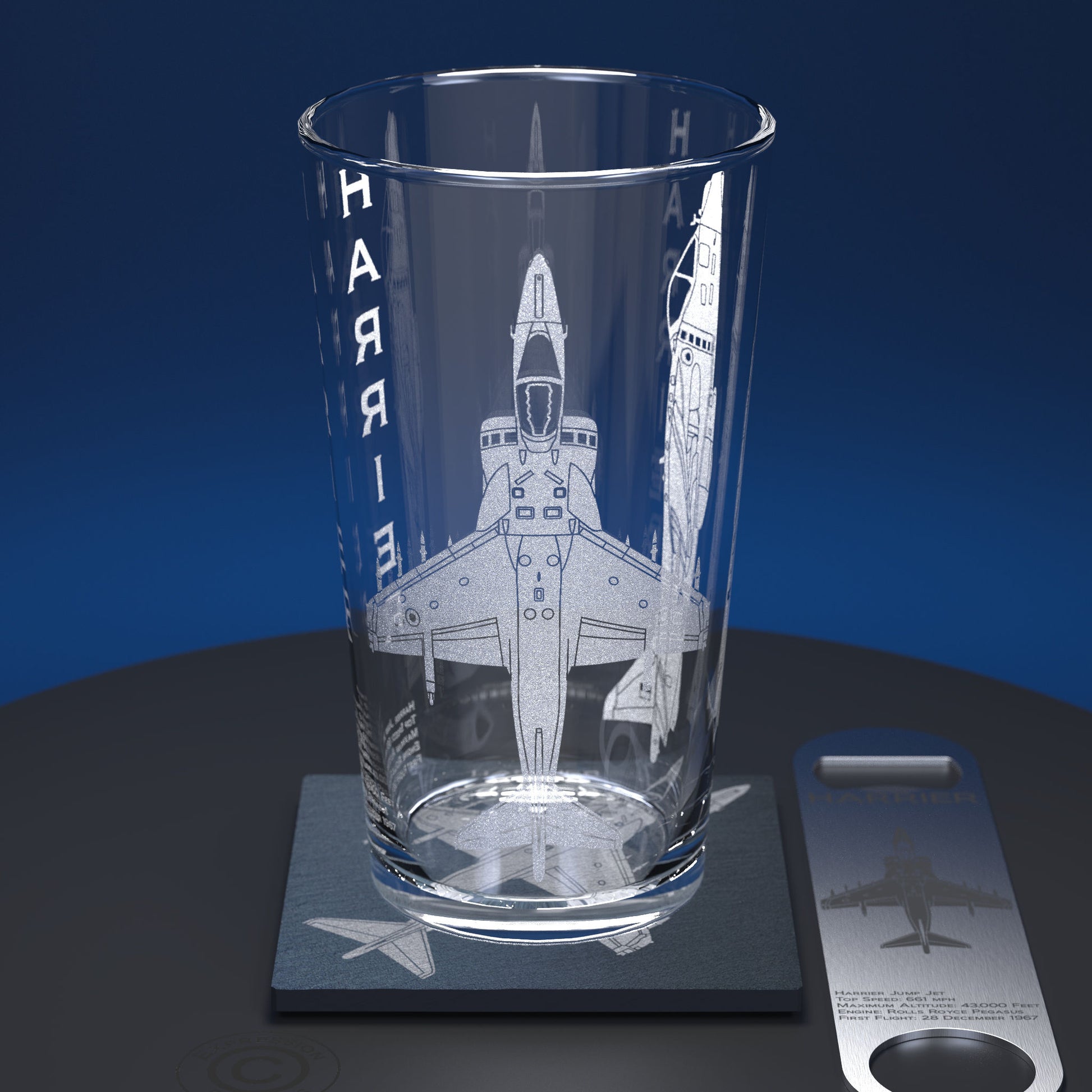 Harrier Jump Jet Pint Glass set including engraved pint glass, square slate coaster and stainless steel bottle opener