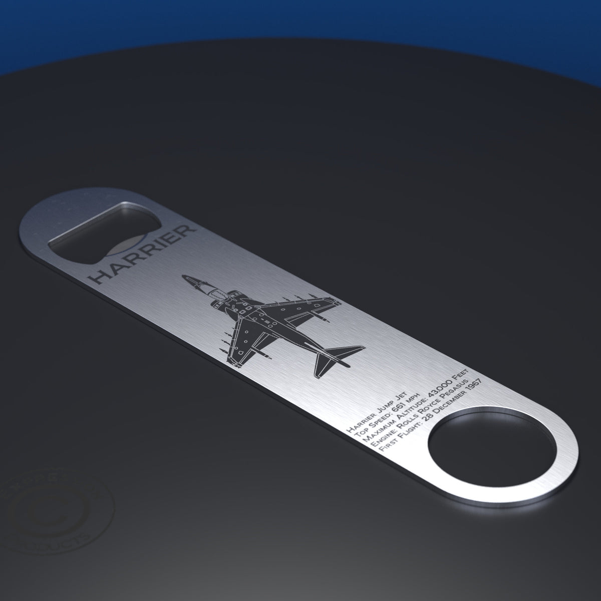 A silver stainless steel bottle opener with an image of Harrier Jump Jet with details of the plane on it.