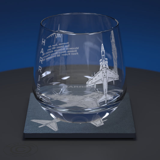 Harrier Jump Jet Engraved Whiskey Tumbler Glass Set with Slate Coaster, RAF Harrier Aircraft Glass with Natural Stone Coaster, VTOL Glass