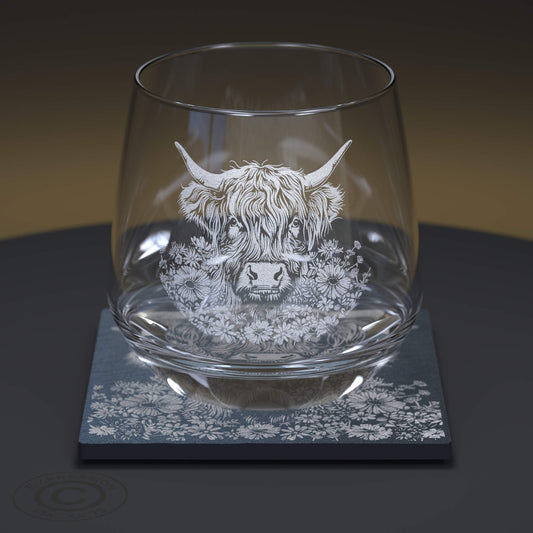 Highland Cow Engraved Glass Tumbler and Slate Coaster Set