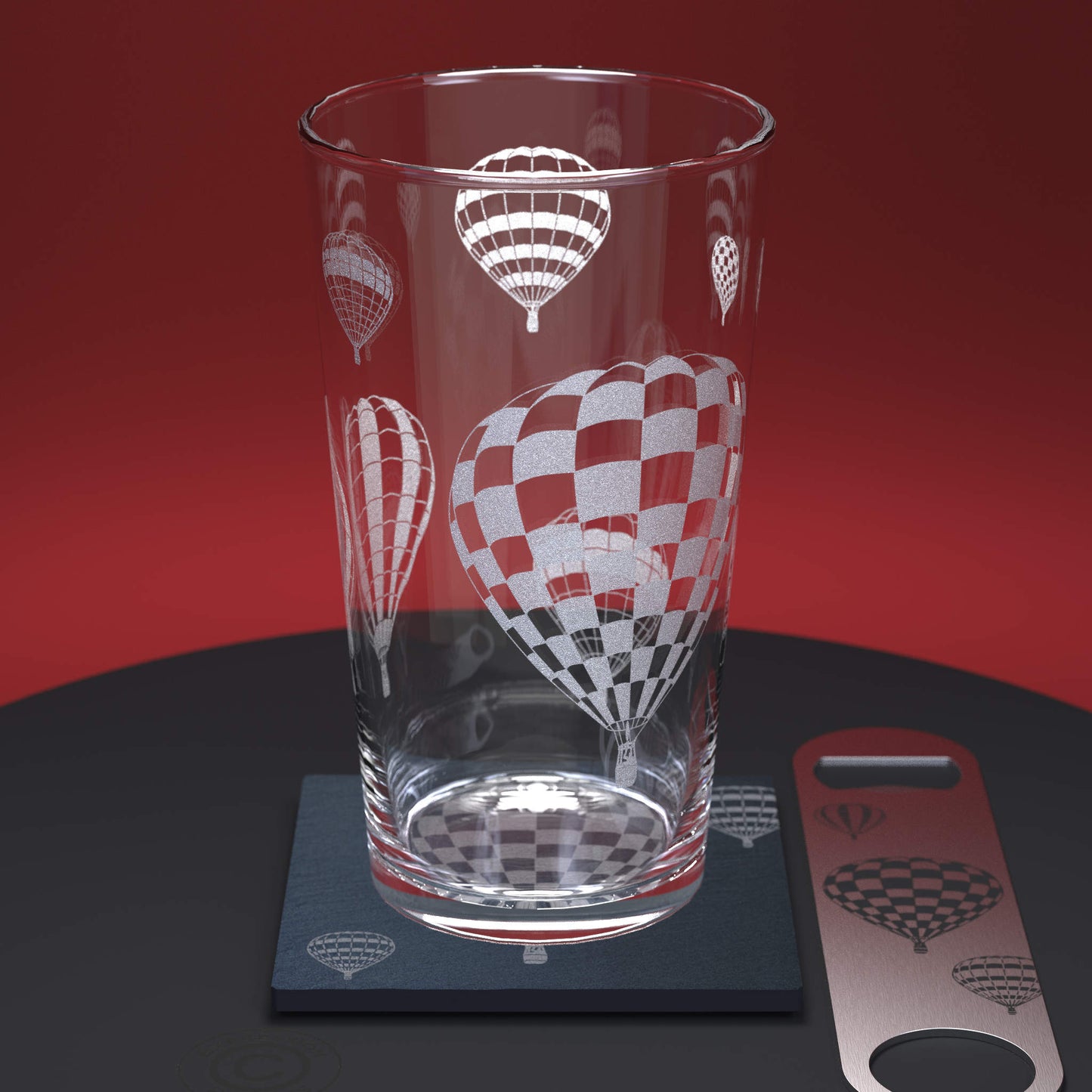 Hot Air Balloon Engraved Pint Glass With Matching Etched Slate Coaster