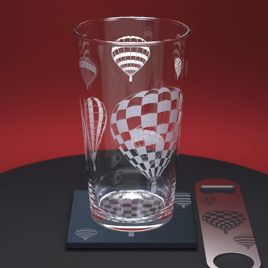 Hot Air Balloon Engraved Pint Glass With Matching Etched Slate Coaster