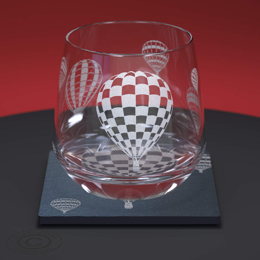 Hot Air Balloon engraved Whiskey Glass With Matching Etched Slate Coaster