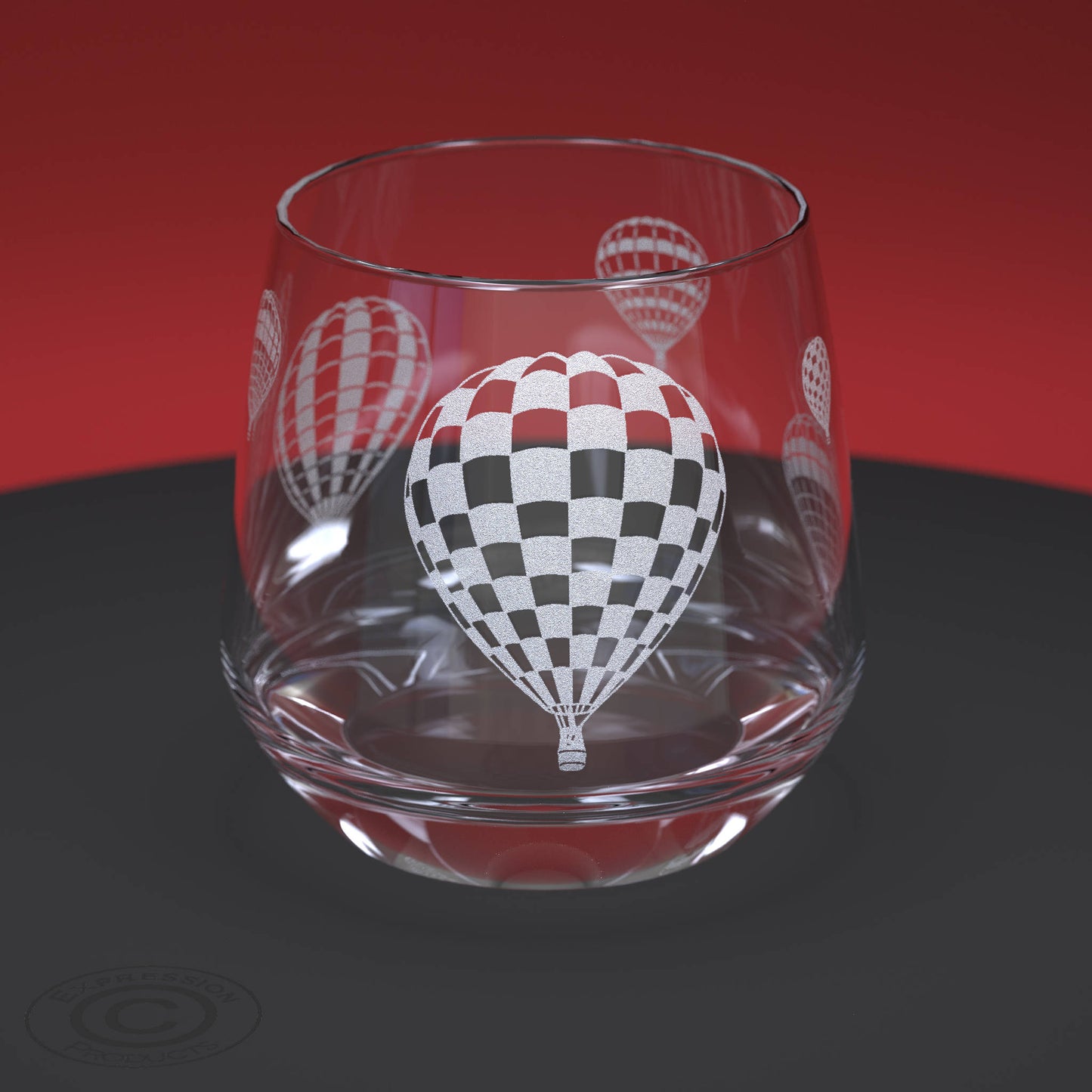Hot Air Balloon engraved Whiskey Glass With Matching Etched Slate Coaster