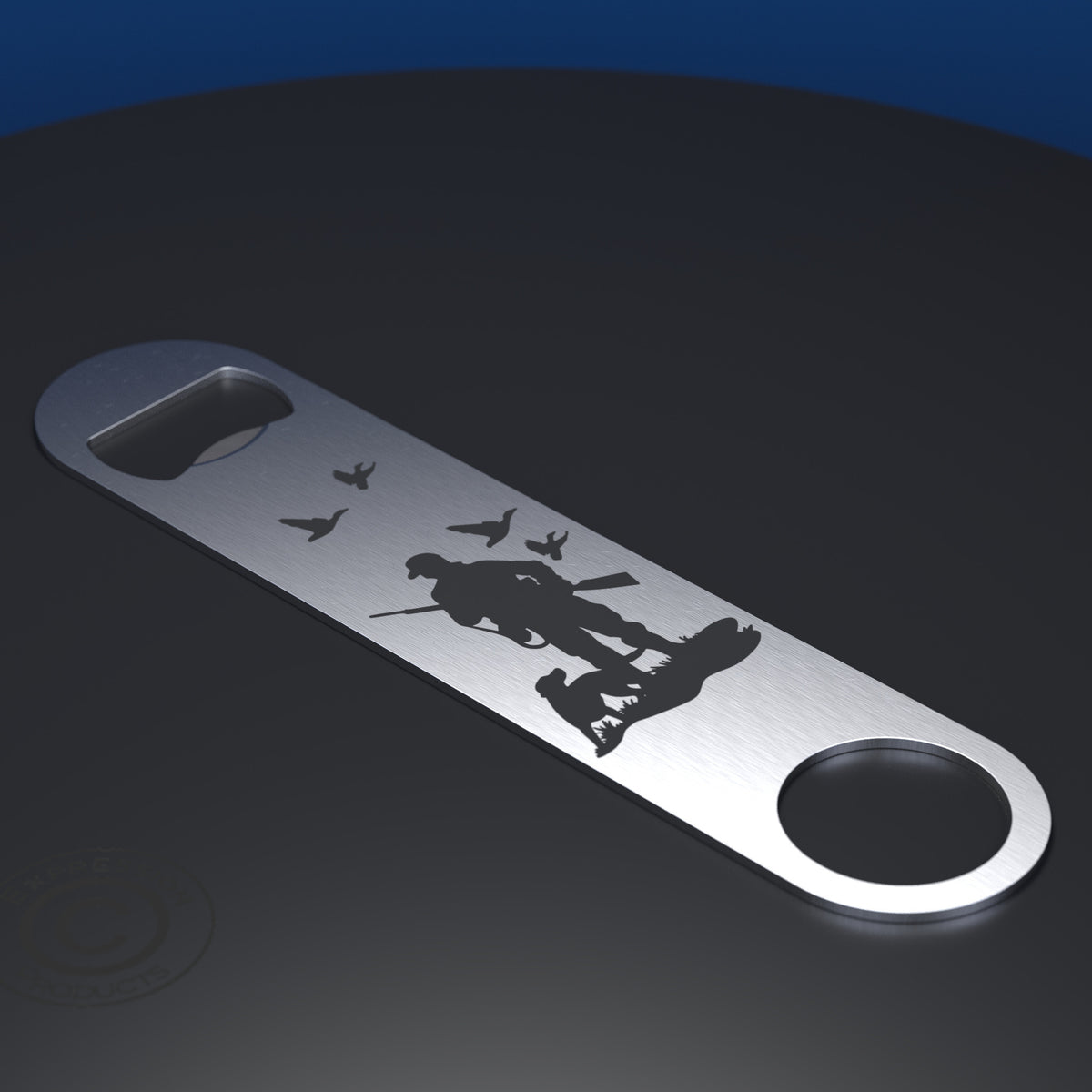 A stainless steel bottle opener with a black engraved silhouette of a duck hunter, dog, and ducks in flight, displayed diagonally on a dark gray surface.