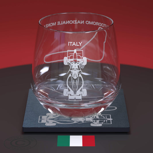 Italian Circuit F1 Engraved Whiskey Tumbler Glass And Slate Coaster Set, Formula One Grand Prix Glass & Natural Coaster, Glass, Bar Mat (Copy)