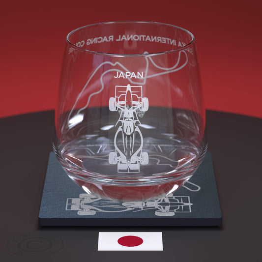 Japanese F1 Circuit Engraved Whiskey Tumbler Glass And Slate Coaster Set, Etched Formula One Grand Prix Glass & Natural Coaster
