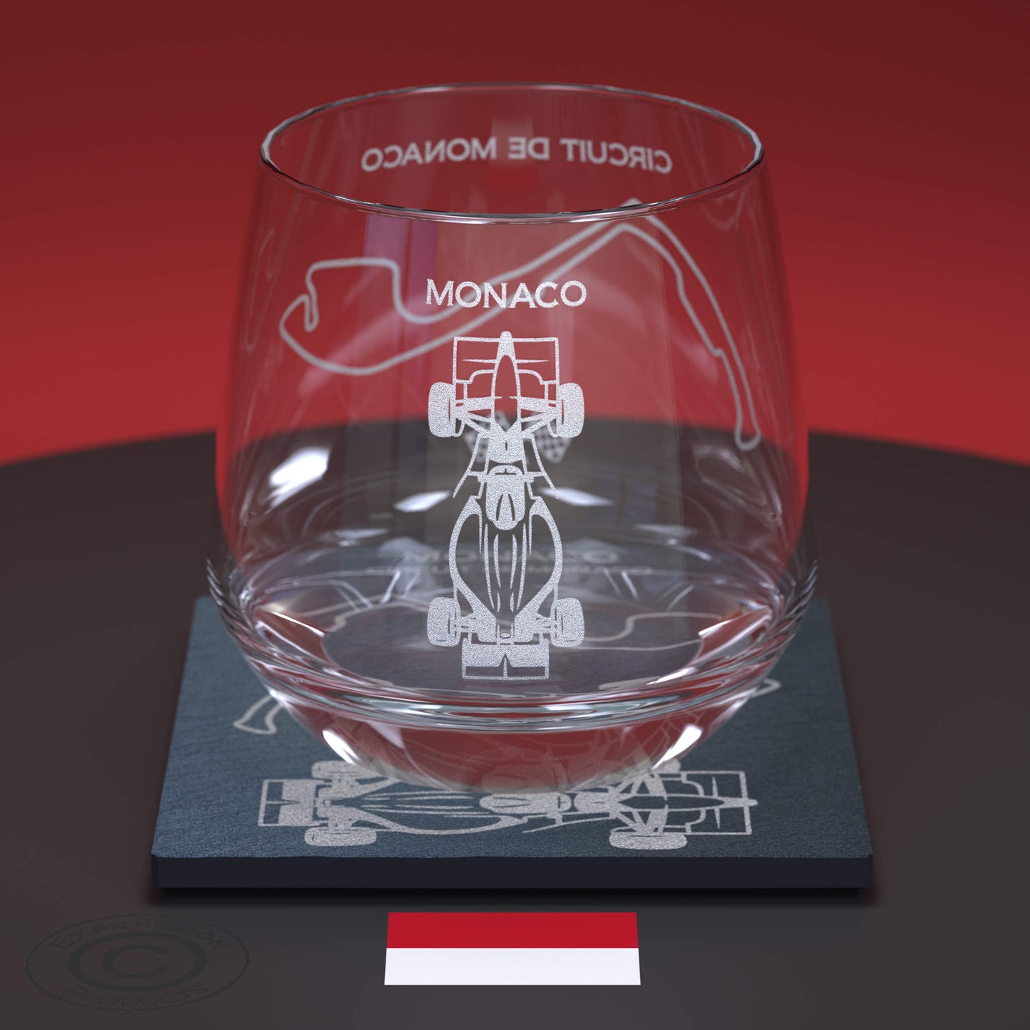 Monaco Circuit F1 Engraved Whiskey Tumbler Glass And Slate Coaster Set, Formula One Grand Prix Glass & Natural Coaster, Glass, Bar Mat