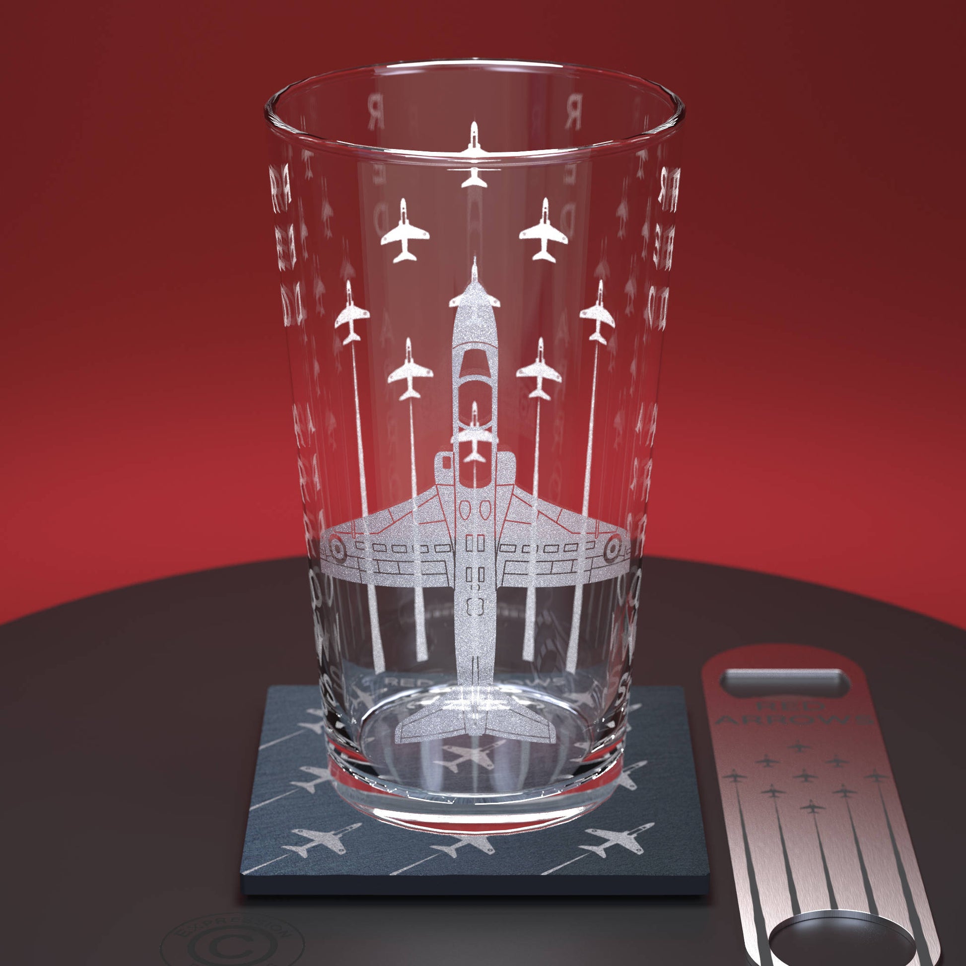 red arrows display pint glass set including square slate coaster and stainless steel bar blade