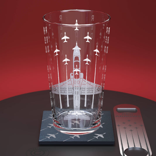 red arrows display pint glass set including square slate coaster and stainless steel bar blade