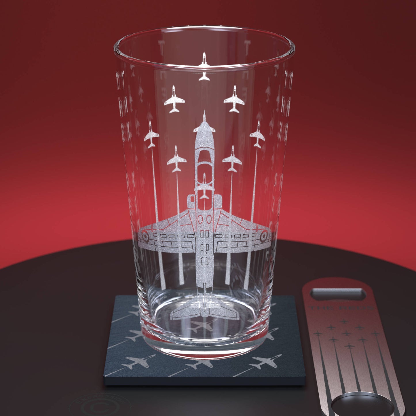 Pint Glass Set Including Slate Coaster and Stainless Steel Bottle Opener Engraved With The Reds in Diamond Formation