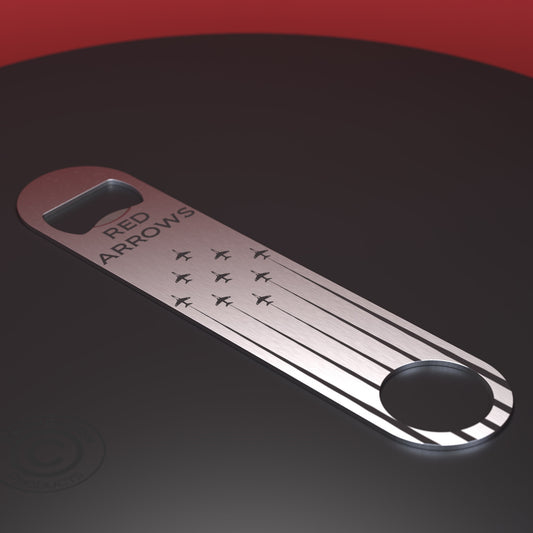 Red arrows engraved in formation onto a stainless steel bar blade