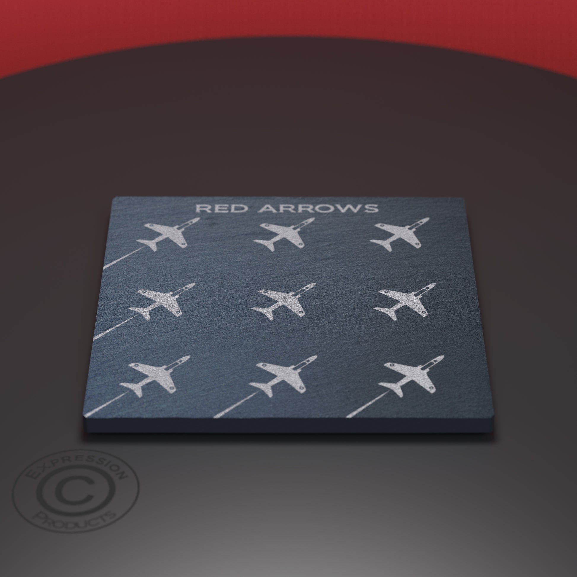 Slate coaster engraved with the red arrows in formation