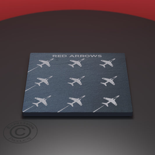 Slate coaster engraved with the red arrows in formation