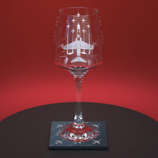 Red Arrows engraved wine glass with matching coaster and the words "The Reds" on the sides of the glass