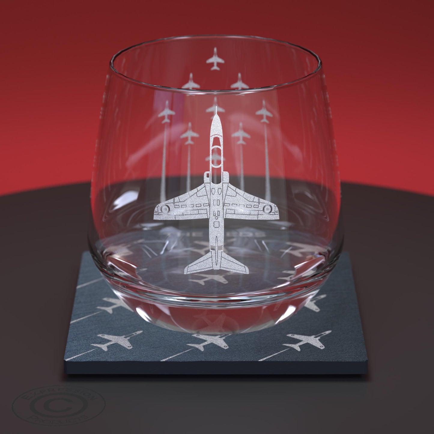 Glass Tumbler Engraved With A Hawk And The Red Arrows Diamond Nine Display Team With Matching Slate Coaster