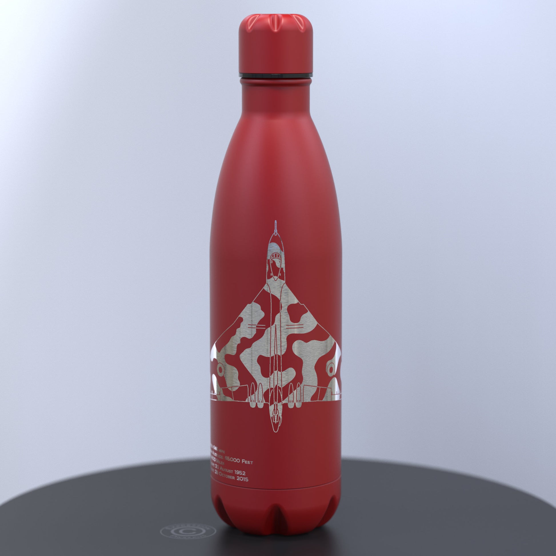 Red Water Bottle with engraved silver image of the Avro Vulcan XH558