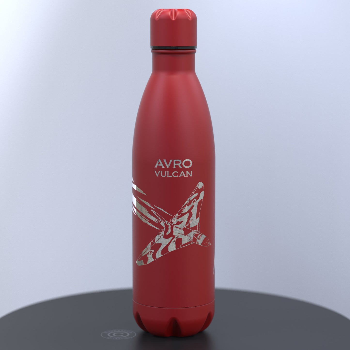 Matt Red Stainless Steel Water Bottle Engraved With an Avro Vulcan Bomber With a Union Jack Flag Flowing Behind It