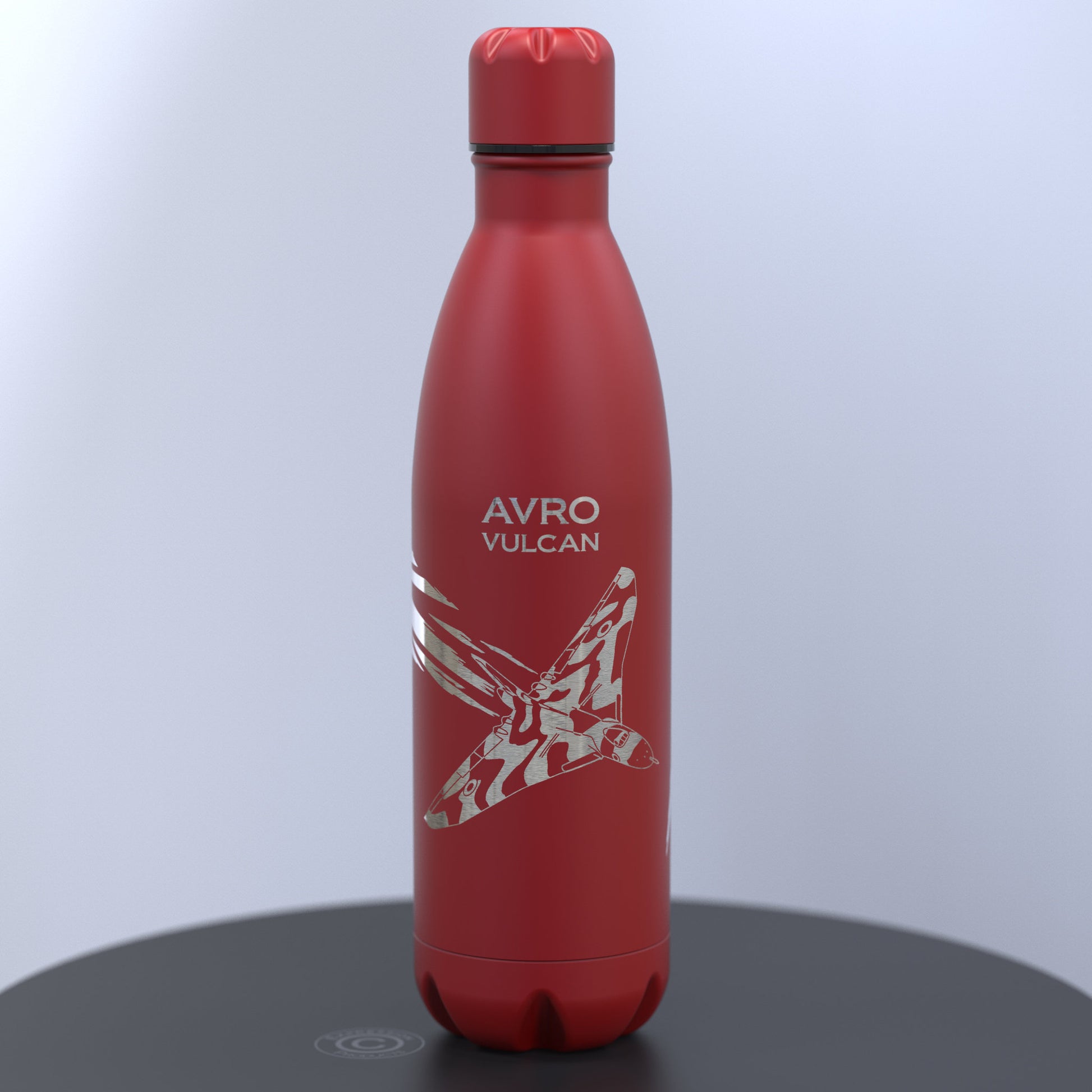 Matt Red Stainless Steel Water Bottle Engraved With an Avro Vulcan Bomber With a Union Jack Flag Flowing Behind It