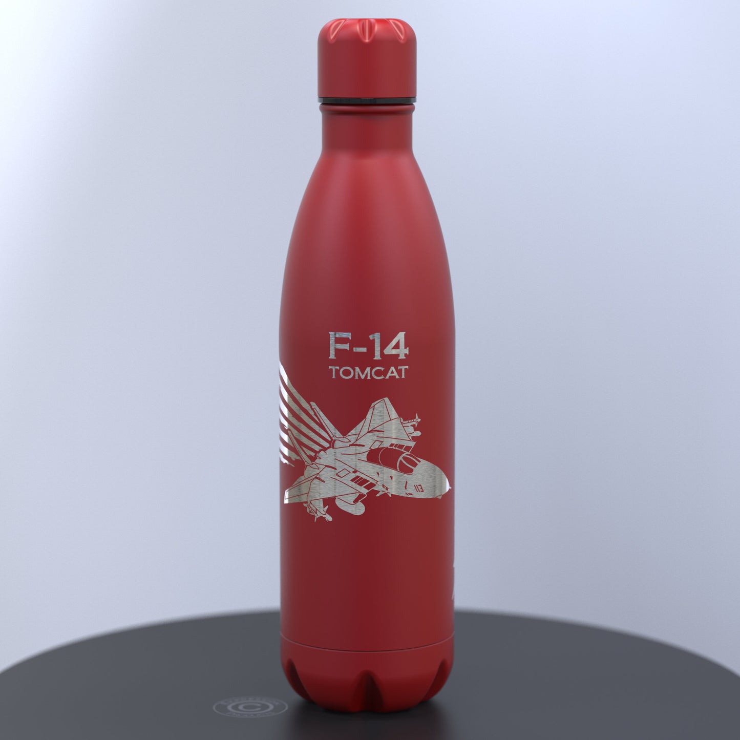 Matt Red Water Bottle Engraved With The F-14 Tomcat Design With The United States of America Flag Flying From The Back Of The Plane