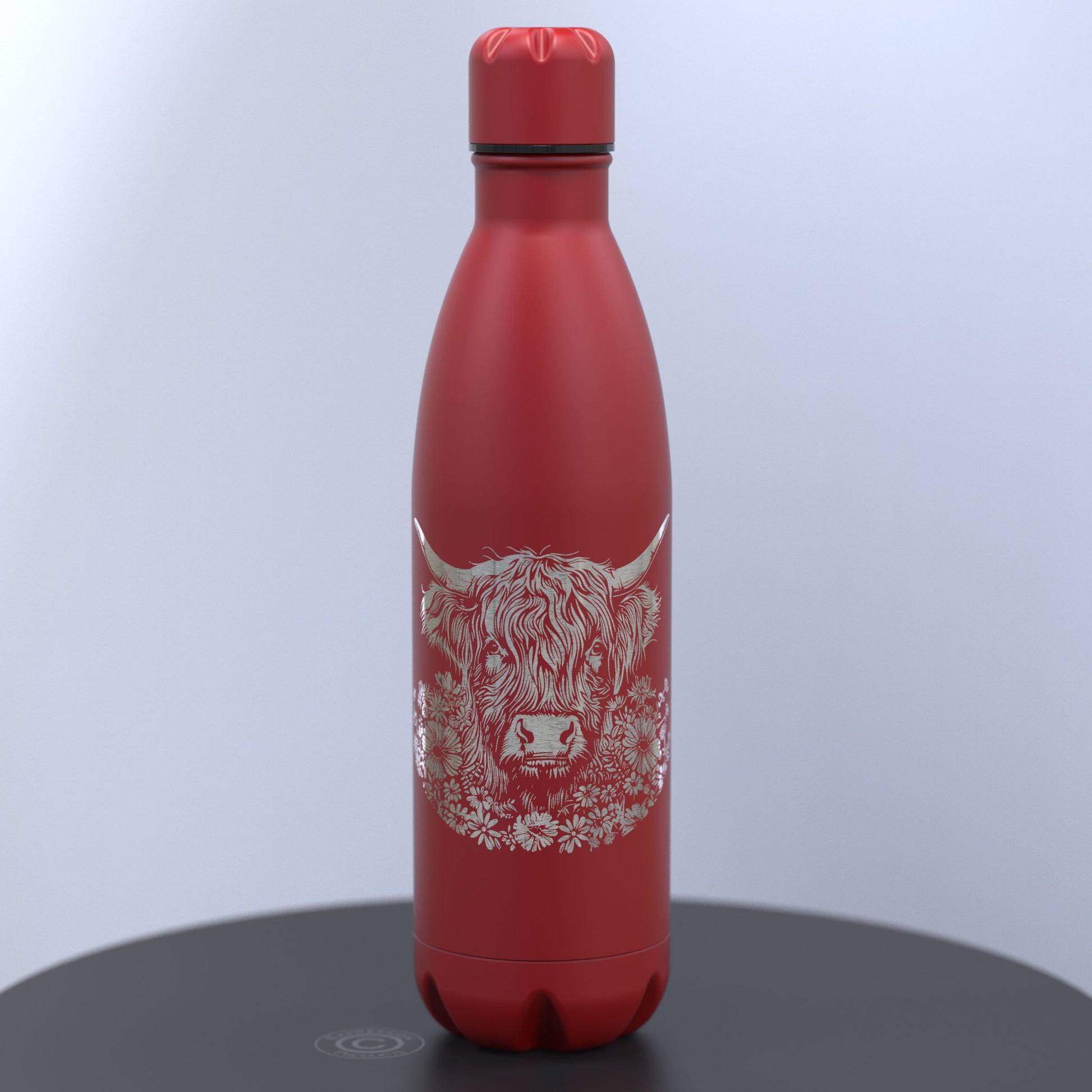 Matt Red Thermal Bottle Engraved With A Highland Cow Head Encased with Flowers