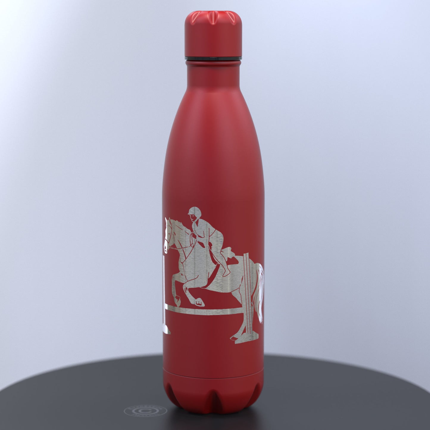 Matt Red Thermal Water Bottle Engraved With A Horse and Rider Jumping a Hurdle