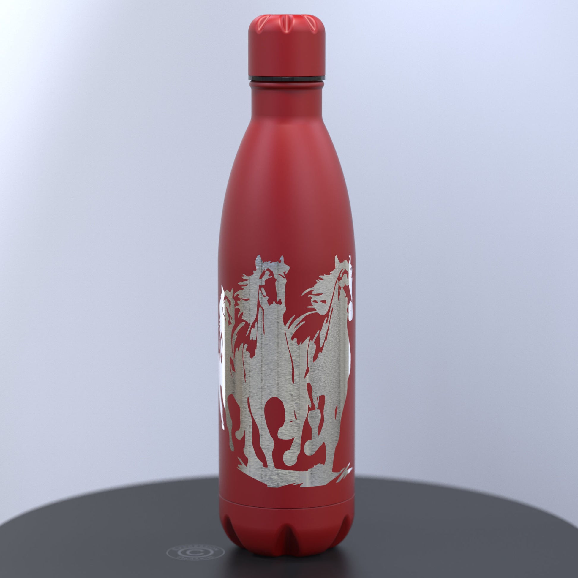 Matt Red Thermal Bottle Engraved With a Three Running Wild Horses