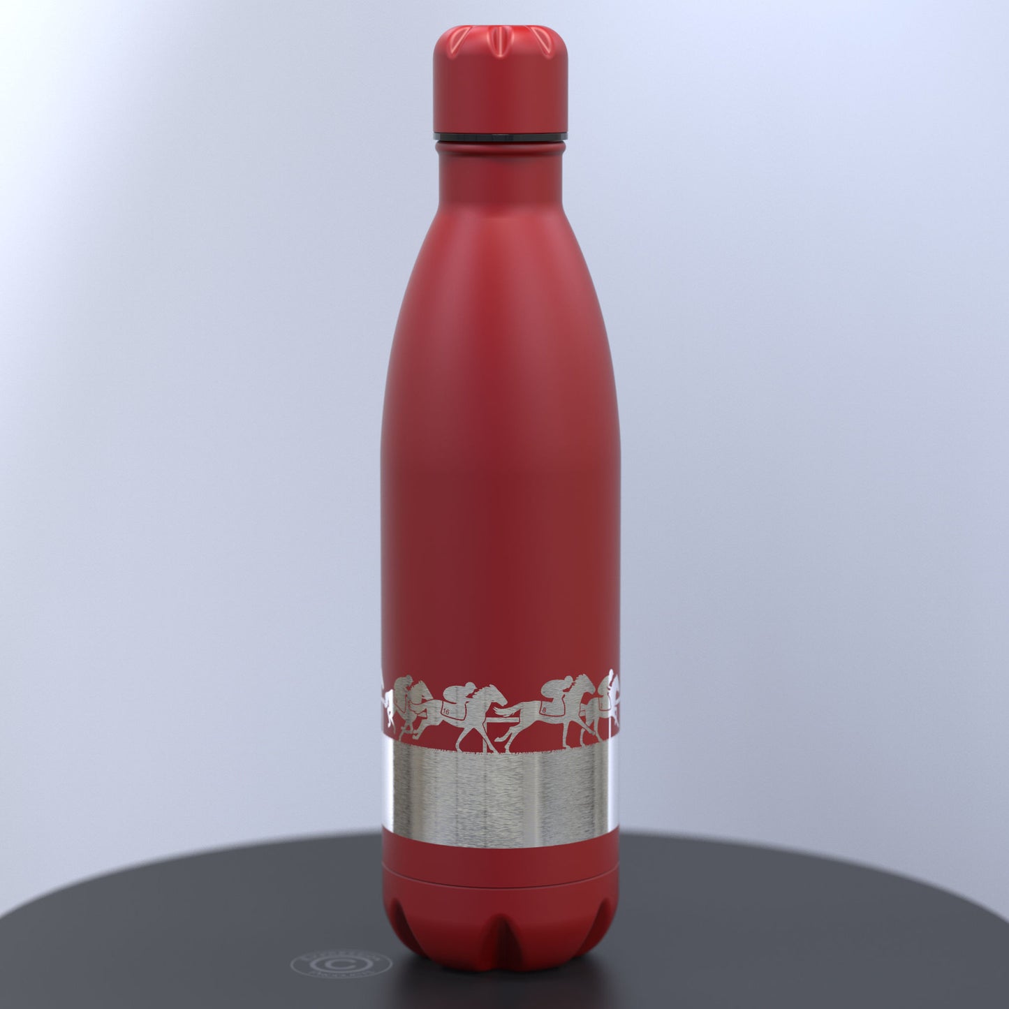 Matt Red Thermal Water Bottle Engraved With Horses and Riders Racing Around A Track