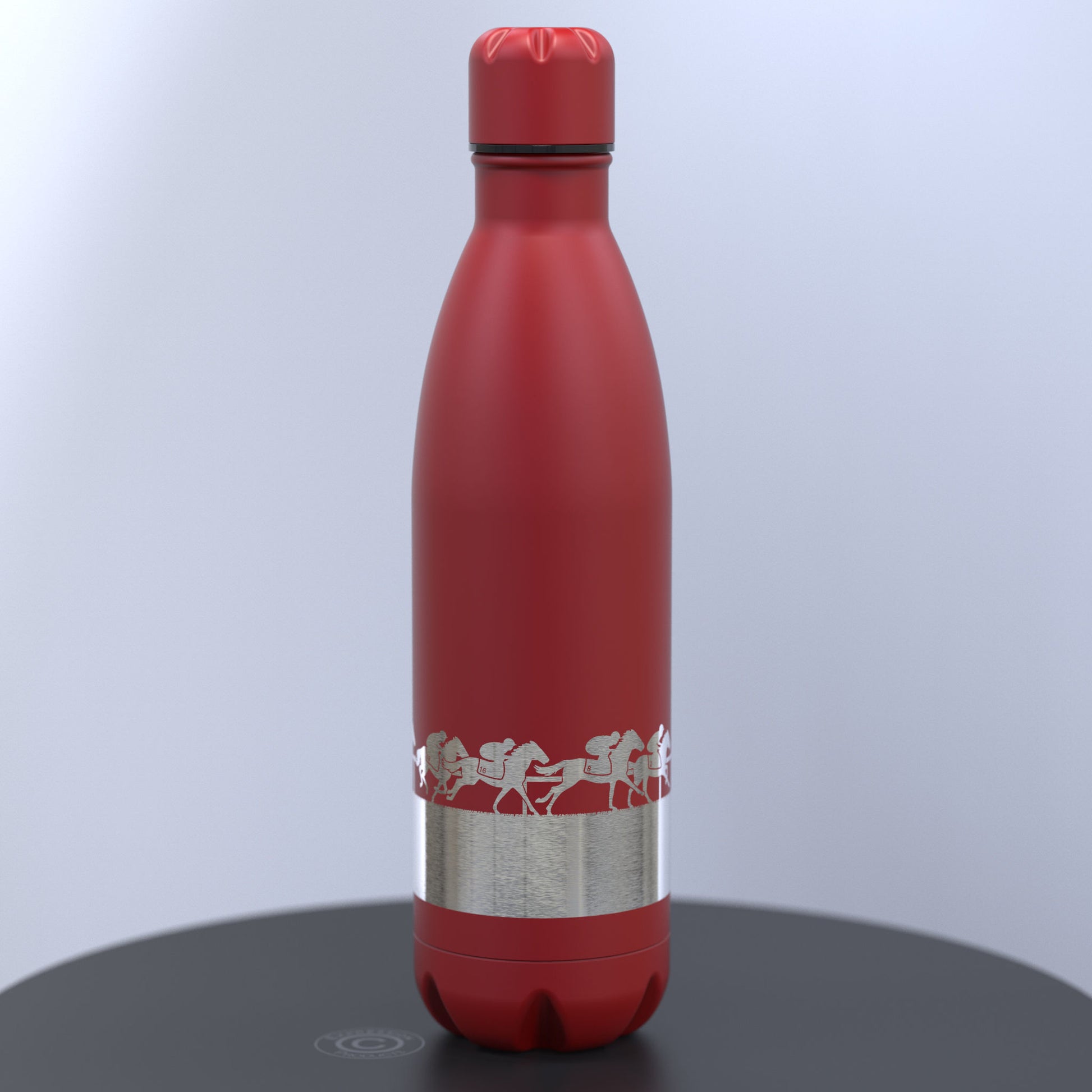 Matt Red Thermal Water Bottle Engraved With Horses and Riders Racing Around A Track