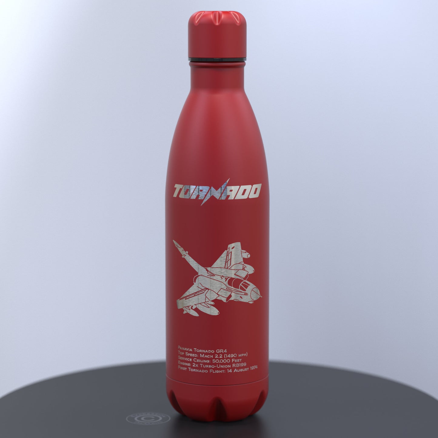 Matt Red Thermal Bottle Engraved With the Tornado, Engraved Underneath With Details About The Tornado