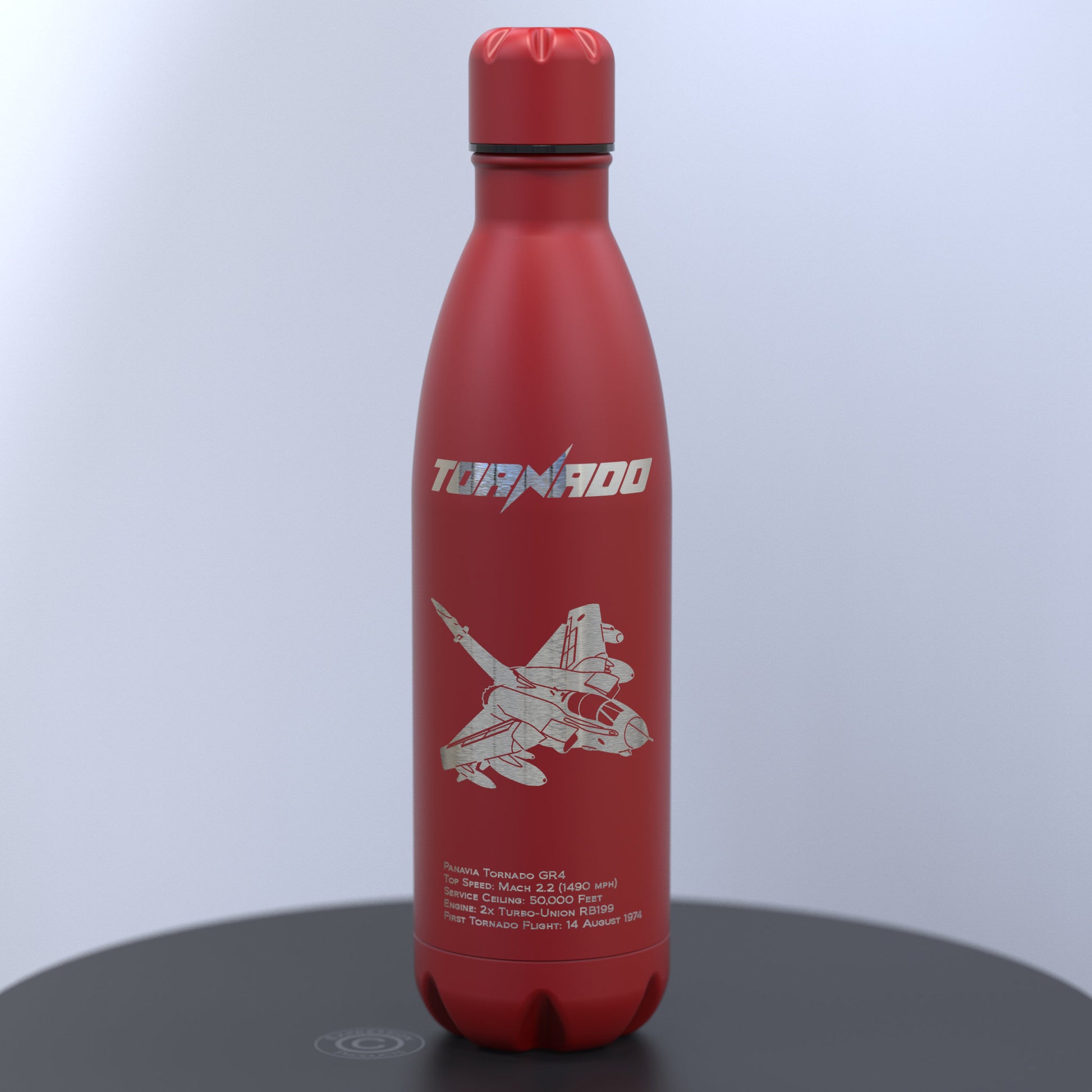 Matt Red Thermal Bottle Engraved With the Tornado, Engraved Underneath With Details About The Tornado