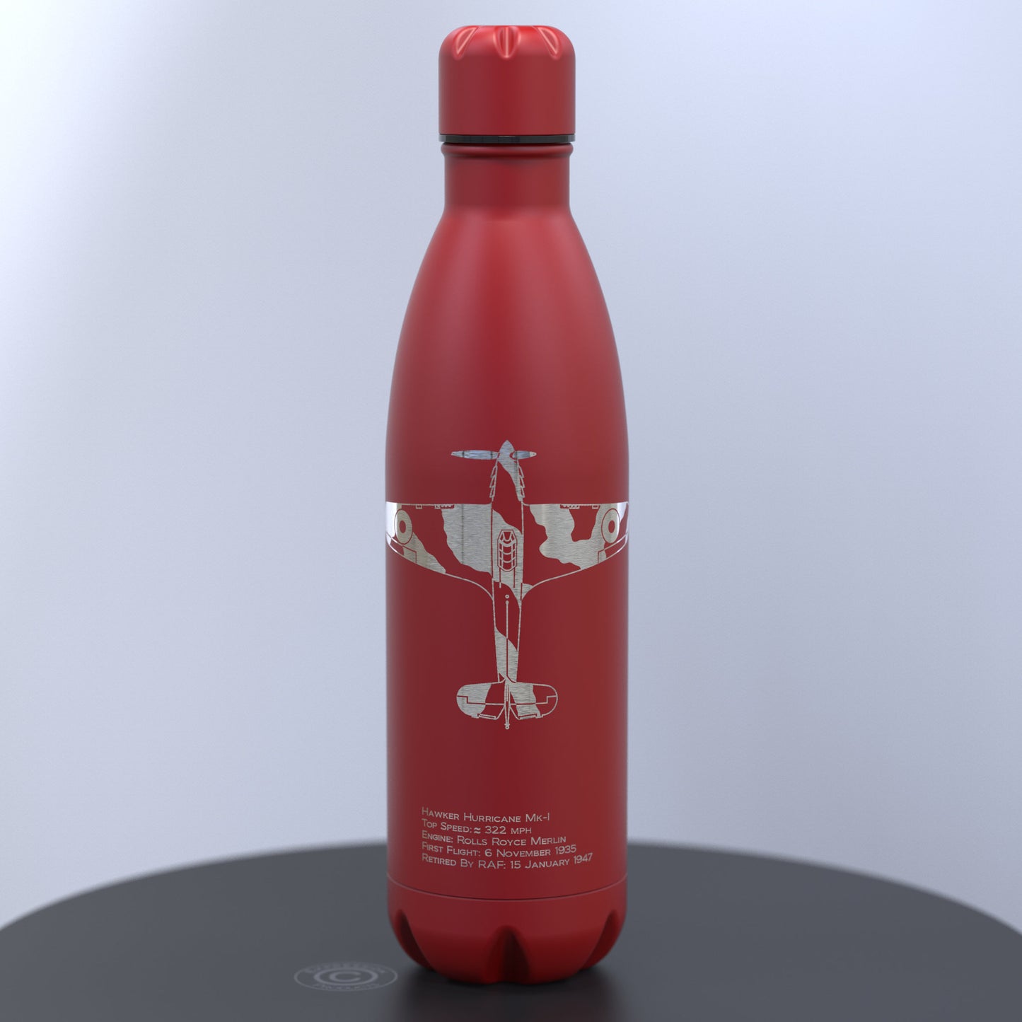 Matt Red Thermal Bottle Engraved With a Hawker Hurricane With Written Details About the Plane Engraved Under the Image
