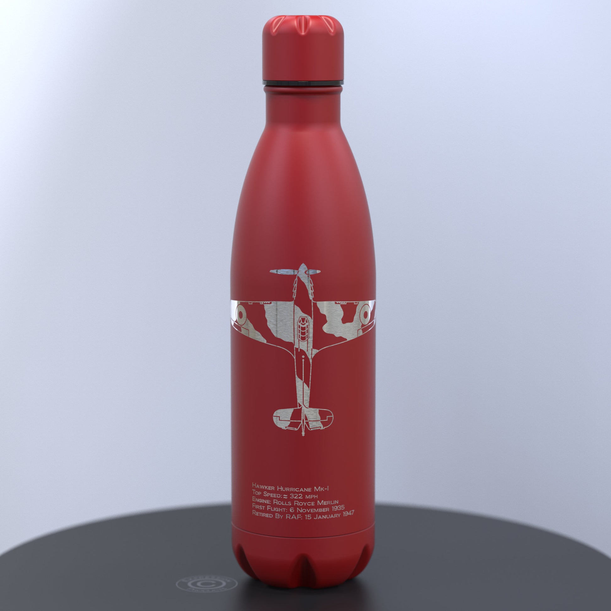 Matt Red Thermal Bottle Engraved With a Hawker Hurricane With Written Details About the Plane Engraved Under the Image