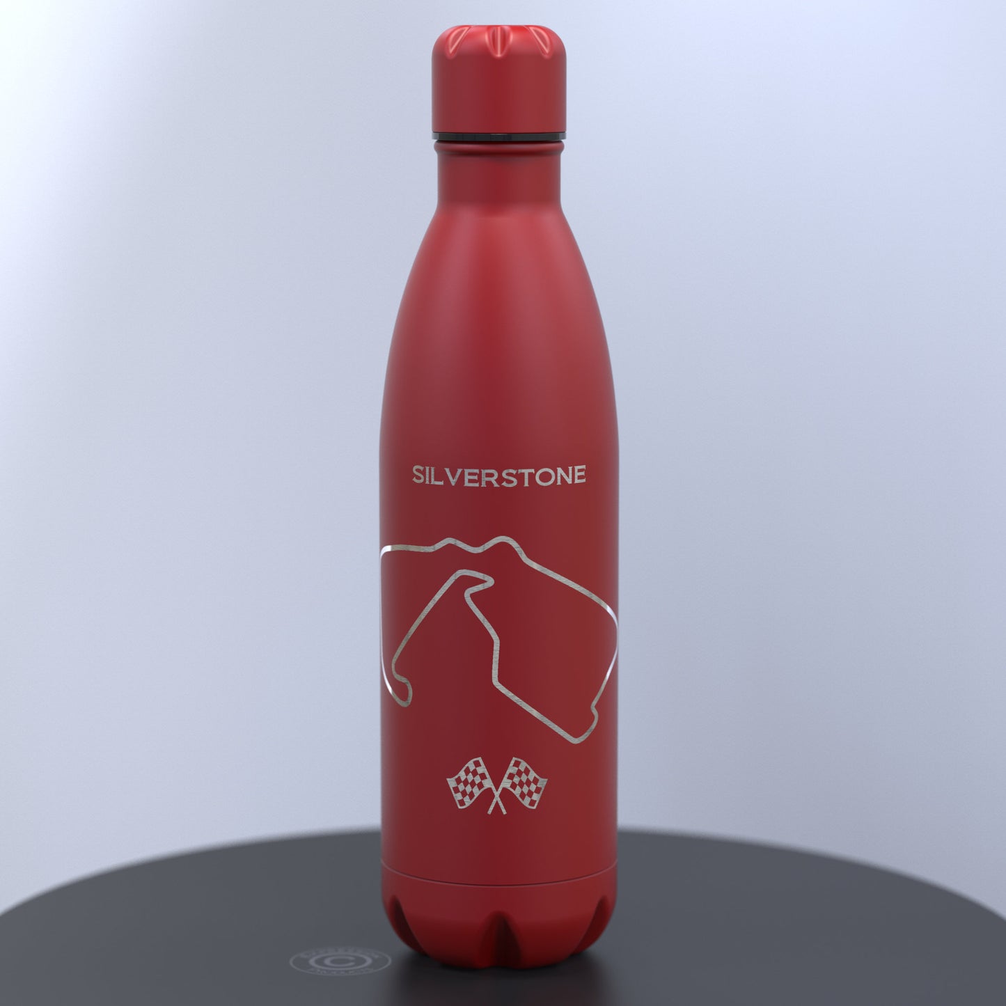 Matt Red Thermal Water Bottle engraved with a Racing Car and the Silverstone Grand Prix Track