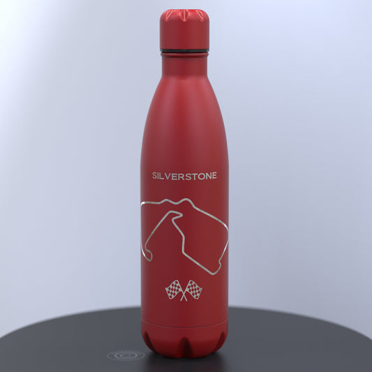 Matt Red Thermal Water Bottle engraved with a Racing Car and the Silverstone Grand Prix Track