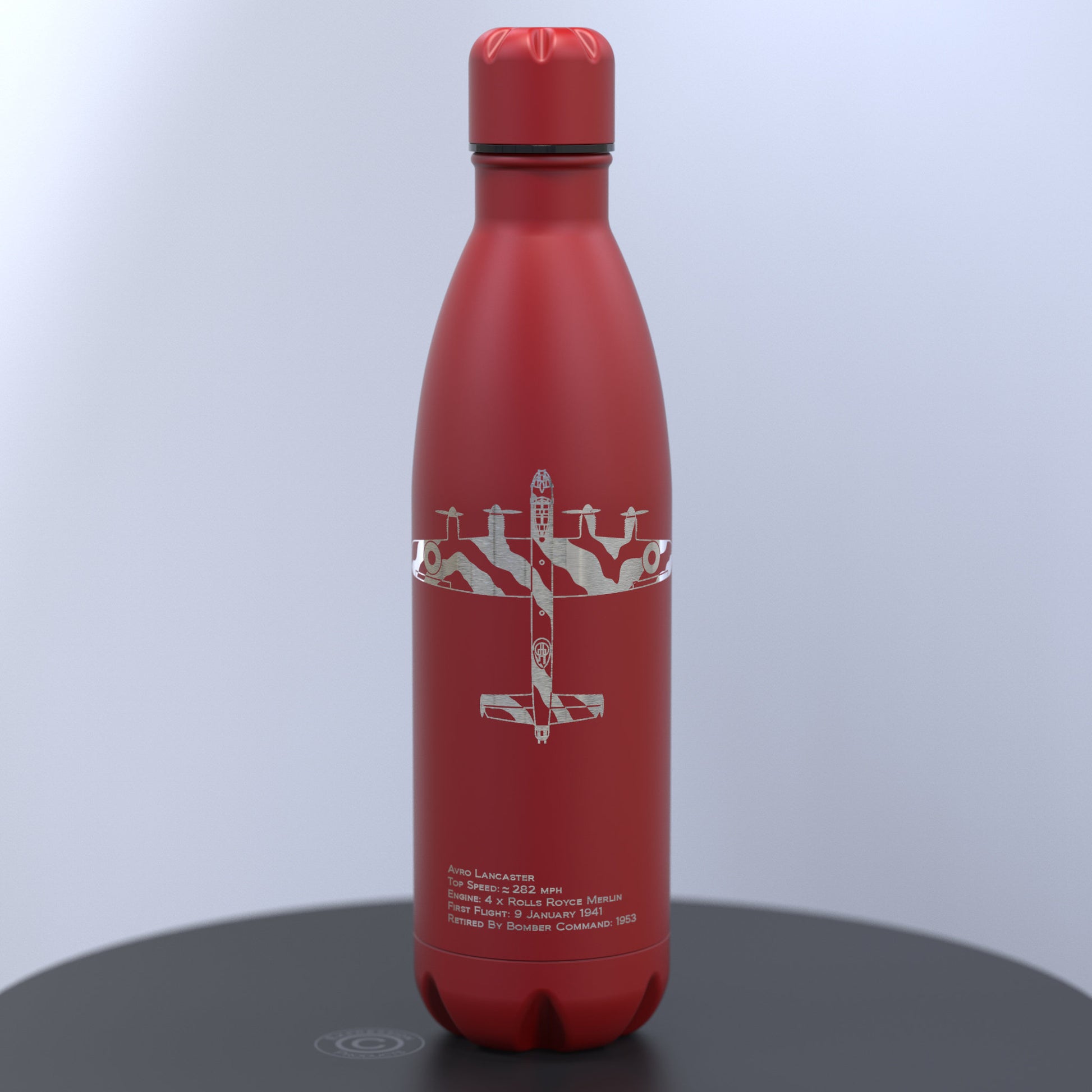 Matt Red Thermal Water Bottle Engraved With a Lancaster Bomber With Details About The Plane Engraved Underneath The Image