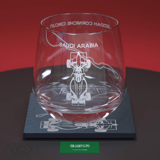 Glass Tumbler Engraved With Saudi Arabia F1 Track And Race Car With Matching Slate Coaster