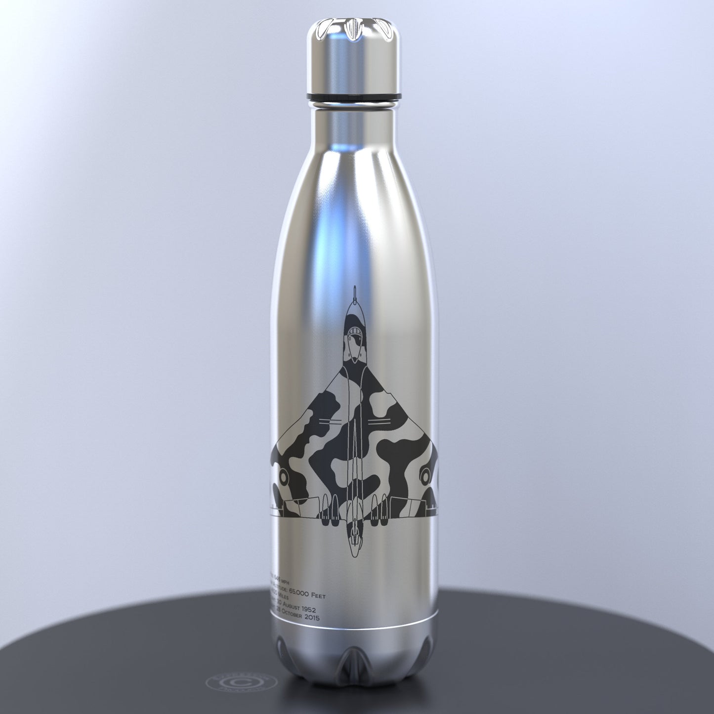 Silver Water Bottle with engraved black image of the Avro Vulcan XH558