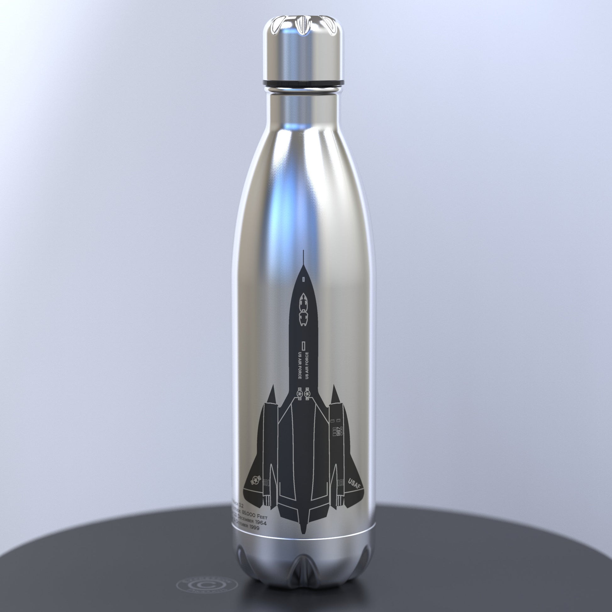 USAF Blackbird SR 71 Engraved Stainless Steel Water Bottle in Silver with Black Image