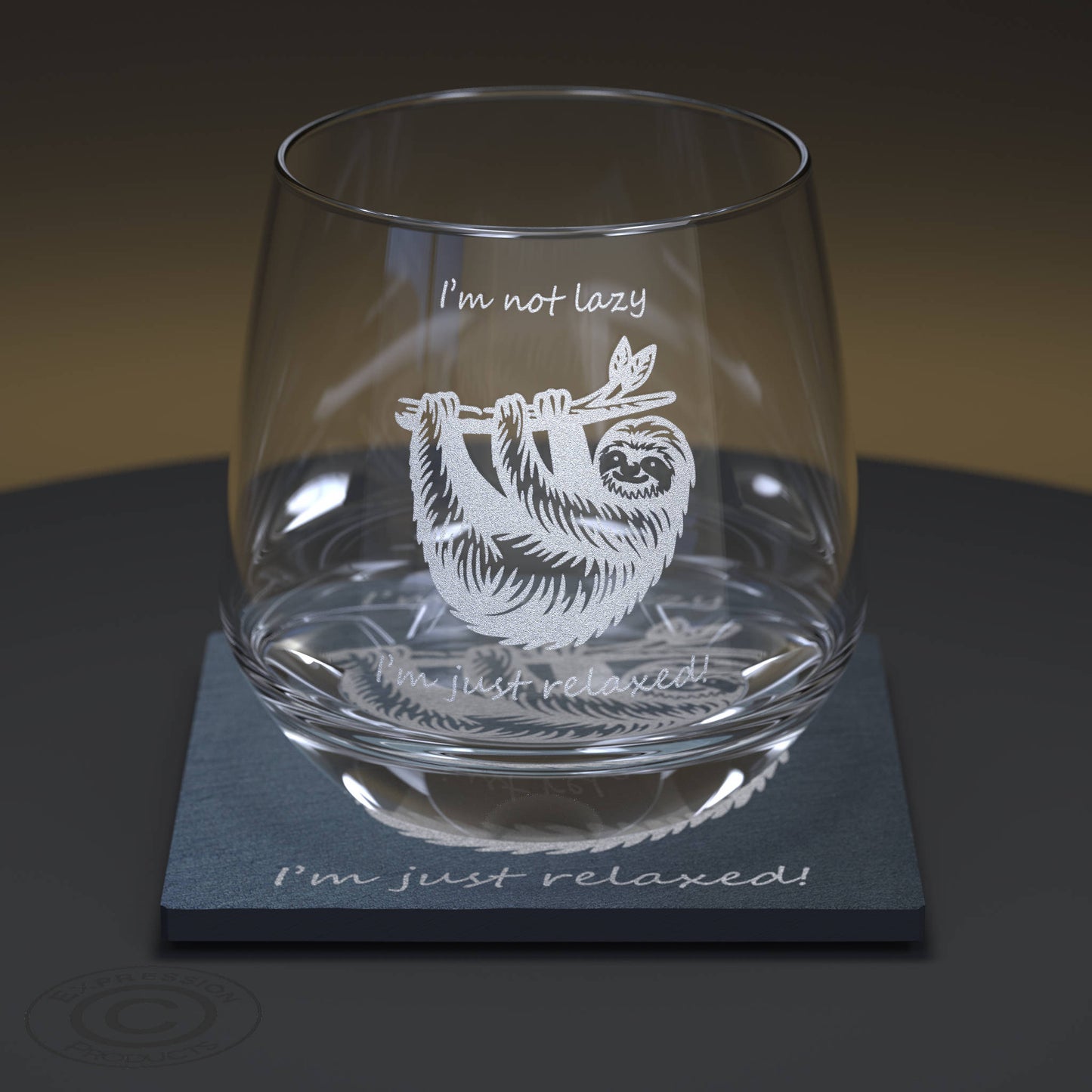 Sloth Engraved Glass Tumbler With The Wording I'm Not Lazy I'm Just Relaxed With Matching Slate Coaster