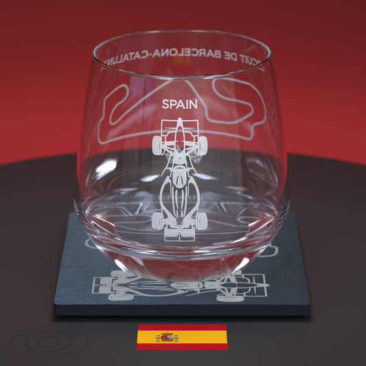 Spanish Grand Prix F1 Engraved Whiskey Tumbler Glass And Slate Coaster, Spain Formula 1 Circuit De Barcelona-Catalunya Glass & Coaster