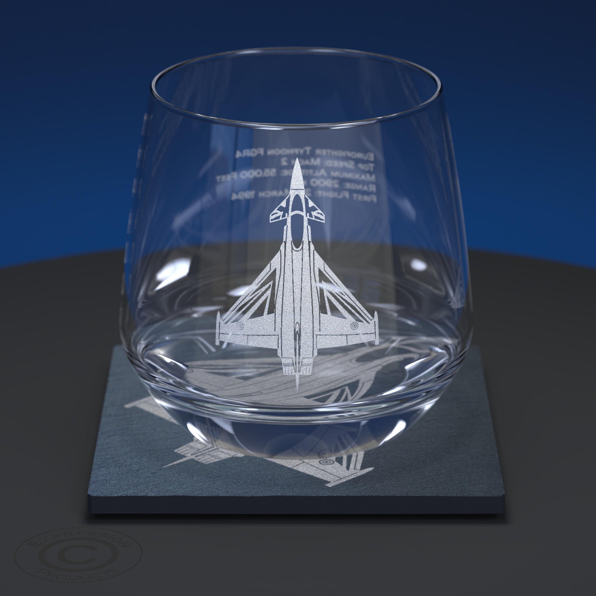 Glass Whiskey Tumbler Engraved With the Typhoon Blackjack With Matching Slate Coaster