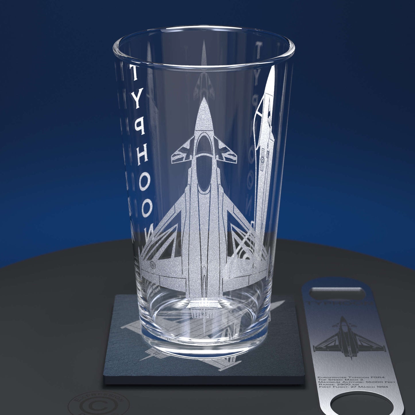 Pint Glass Set Including Slate Coaster and Stainless Steel Bottle Opener Engraved With Typhoon Blackjack RAF Jet
