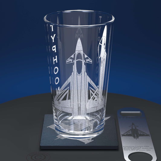 Pint Glass Set Including Slate Coaster and Stainless Steel Bottle Opener Engraved With Typhoon Blackjack RAF Jet