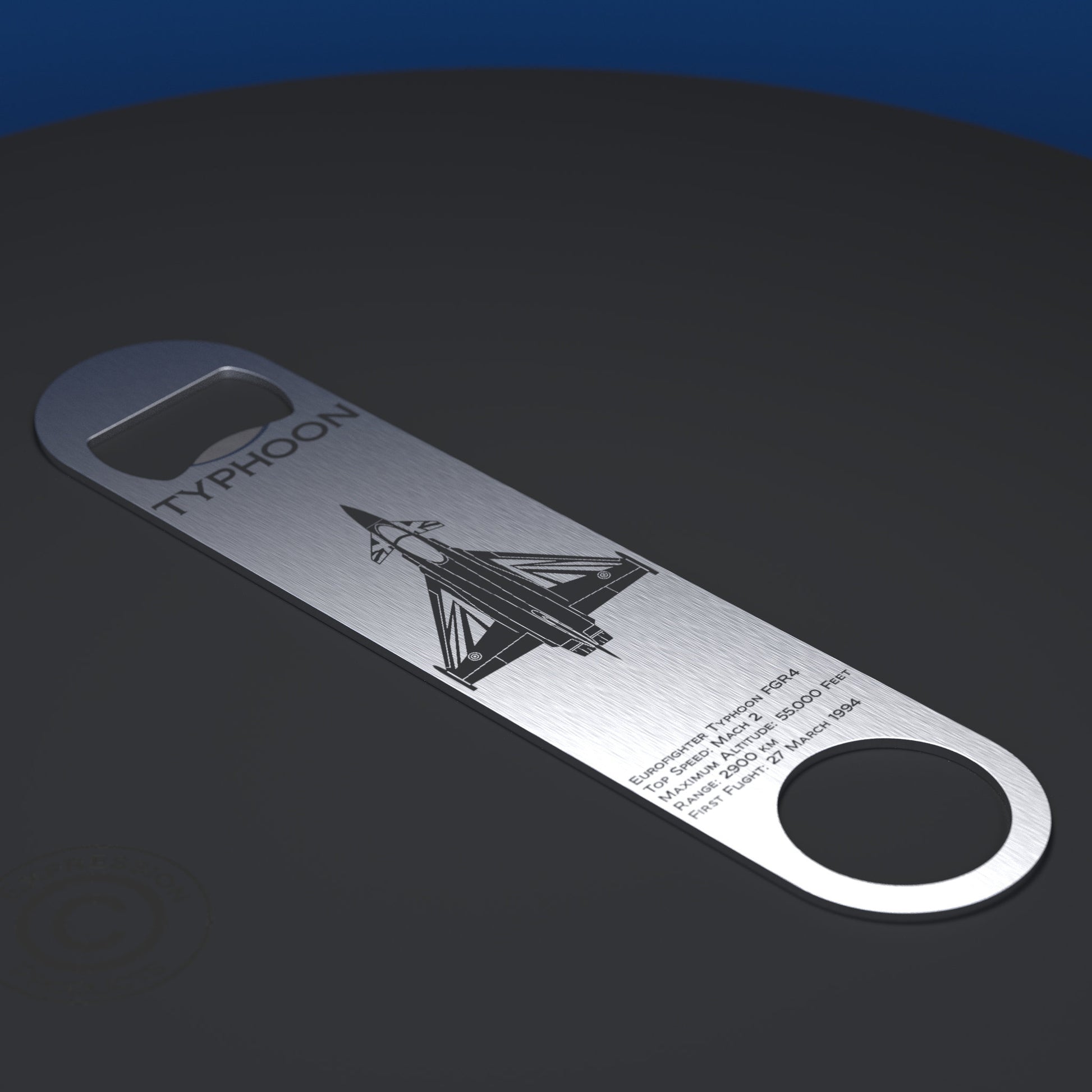 Stainless Steel Bottle Opener Engraved With Typhoon Blackjack RAF Jet