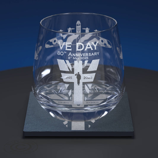 VE Day 80th Anniversary Engraved Tumbler Glass with Slate Coaster, Etched End of WW2 Victory in Europe Tumbler Glass with Natural Stone Coaster