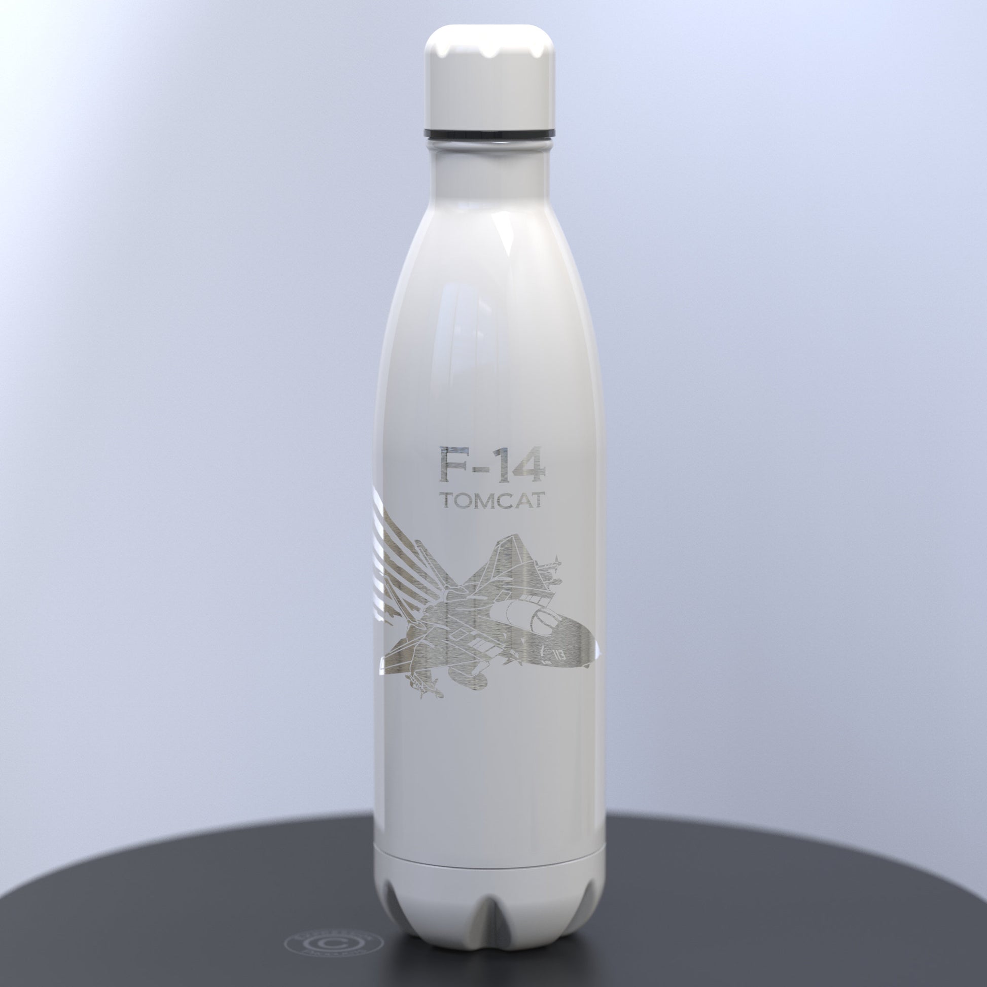 Gloss White Water Bottle Engraved With The F-14 Tomcat Design With The United States of America Flag Flying From The Back Of The Plane